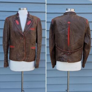 Vintage German Austrian Leather Trachten Jacket Hunting Oktoberfest Lederhosen L